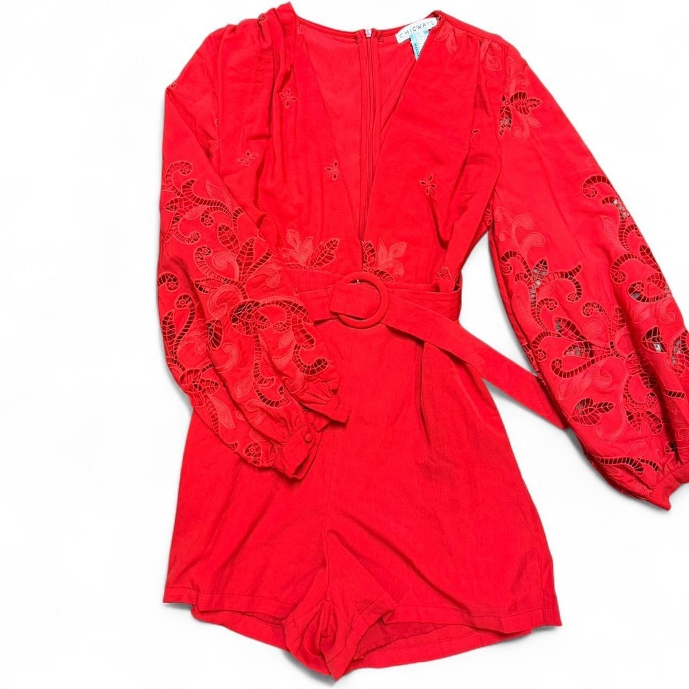 Red romper with lace sleeves and belt, Size L